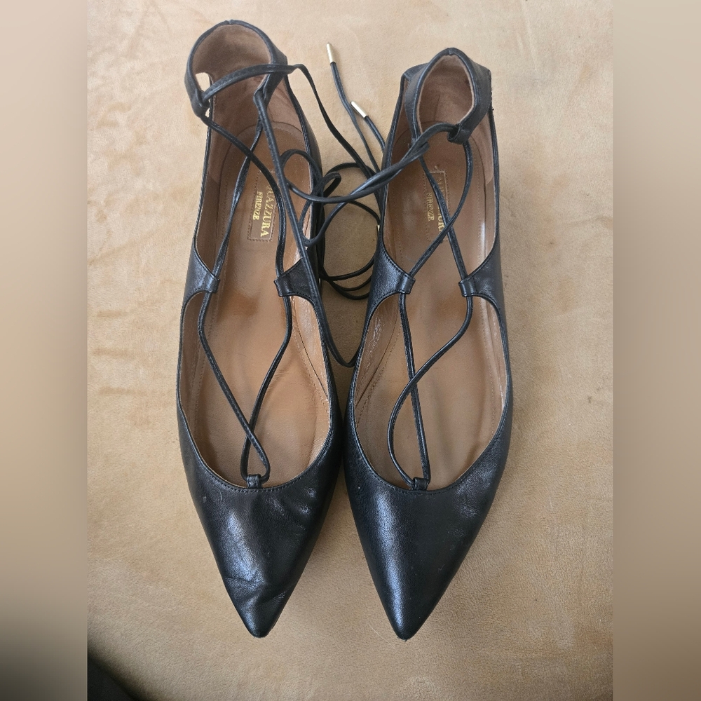 Aquazzura Black Leather Christie Leather Ballet Flats EU 39.5 US 9.5